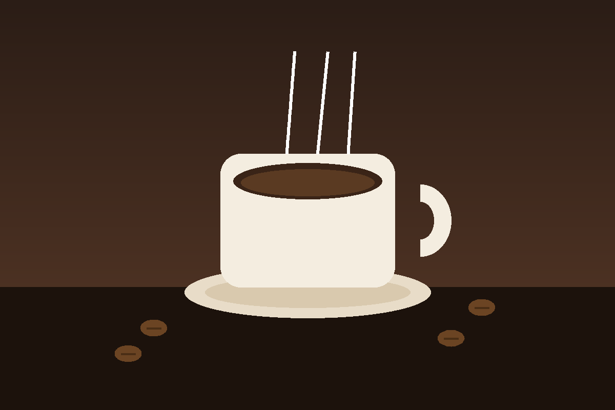 A freshly brewed cup of coffee with steam rising and scattered coffee beans